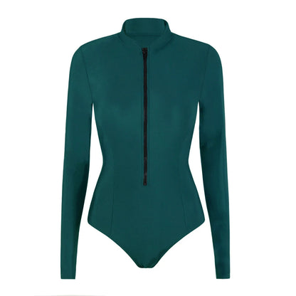Rash Guard Swimsuit Women With Zipper Solid Long Sleeve Surfing Swimwear Female Bather Bathing Swimming Suit Beachwear