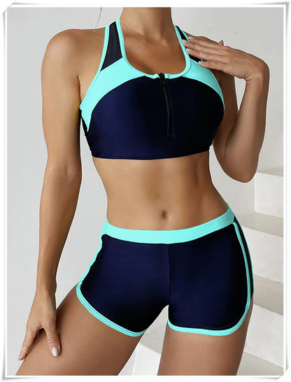 Two Piece Swimsuit Women Zipper Tankini Set High Waist Shorts Swimwear Female Bathing Swimming Suit Sports Beachwear Summer