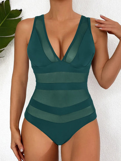 Mesh Swimsuit Women One Piece Slim Swimwear Female Solid Backless Bathers Bathing Swimming Swim Suit Beachwear XXL