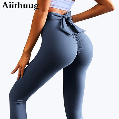 Bowknot High Waist Yoga Leggings Women's Fast Drying Butt Lifter Pants Seamless Tight Hem Workout Fitness Pilates Pants