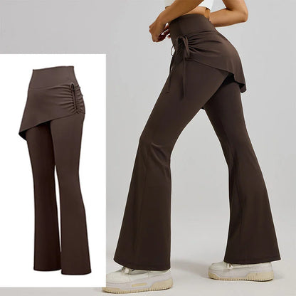 Aiithuug Women's 2 in 1 High Waisted Drawstring Side Ruched Skirted Leggings Slim Fit Workout Lounge Bottoms Bell Bottom Flared
