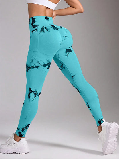 Women's High Waist Yoga Leggings with Pockets Tie-Dye Print Stretchy Workout Pants Butt Lifting Quick-Dry for Gym, Pilates, HIIT