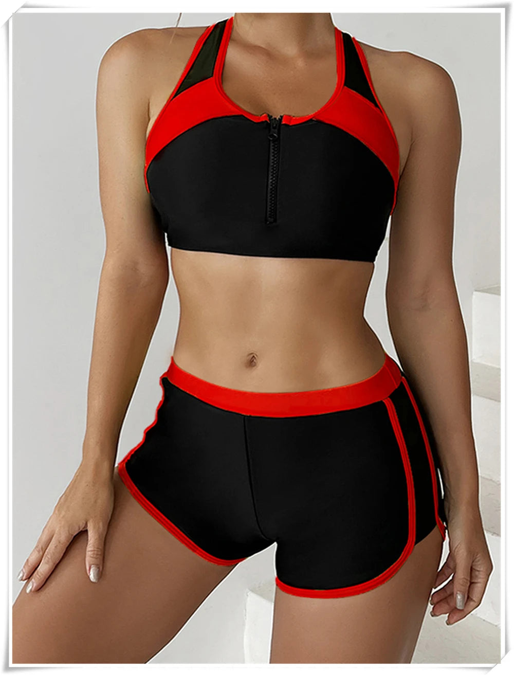 Two Piece Swimsuit Women Zipper Tankini Set High Waist Shorts Swimwear Female Bathing Swimming Suit Sports Beachwear Summer