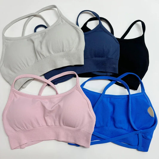 Strappy Backless Sports Bra for Women Backless Yoga Top Medium Support Strappy Gym Crop Top Stretchy Fitness Sports Top