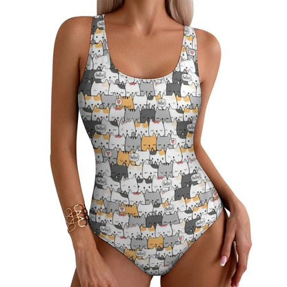 Funny Cat Swimsuit Colorful Cats Pop Art Swimwear One-Piece Fitness Bodysuit Cut Out Bathing Suits Ladies Push Up Beachwear