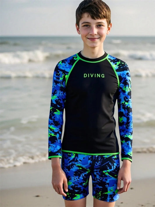 Rash Guard Boy Kids Swimsuit Solid Tie Dye Long Sleeves Children Swimwear Summer Two Piece Shorts Beachwear Bathing Suit Swimming