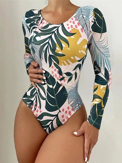 Surf Long Sleeve Swimsuit Women Back Cut Out One Piece Diving Clothes Swimwear Female Printed Bathing Swimming Bodysuit
