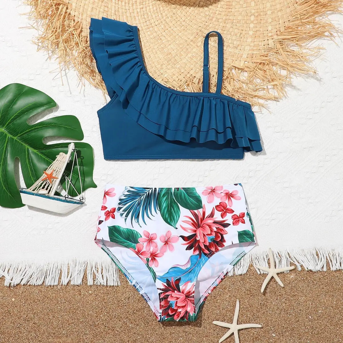 Girls Kids Swimwear Summer Beach Children Swimsuit 7-12 Years Floral Print High Waist Biquini Teens Bathing Suit Girl Bikini Set