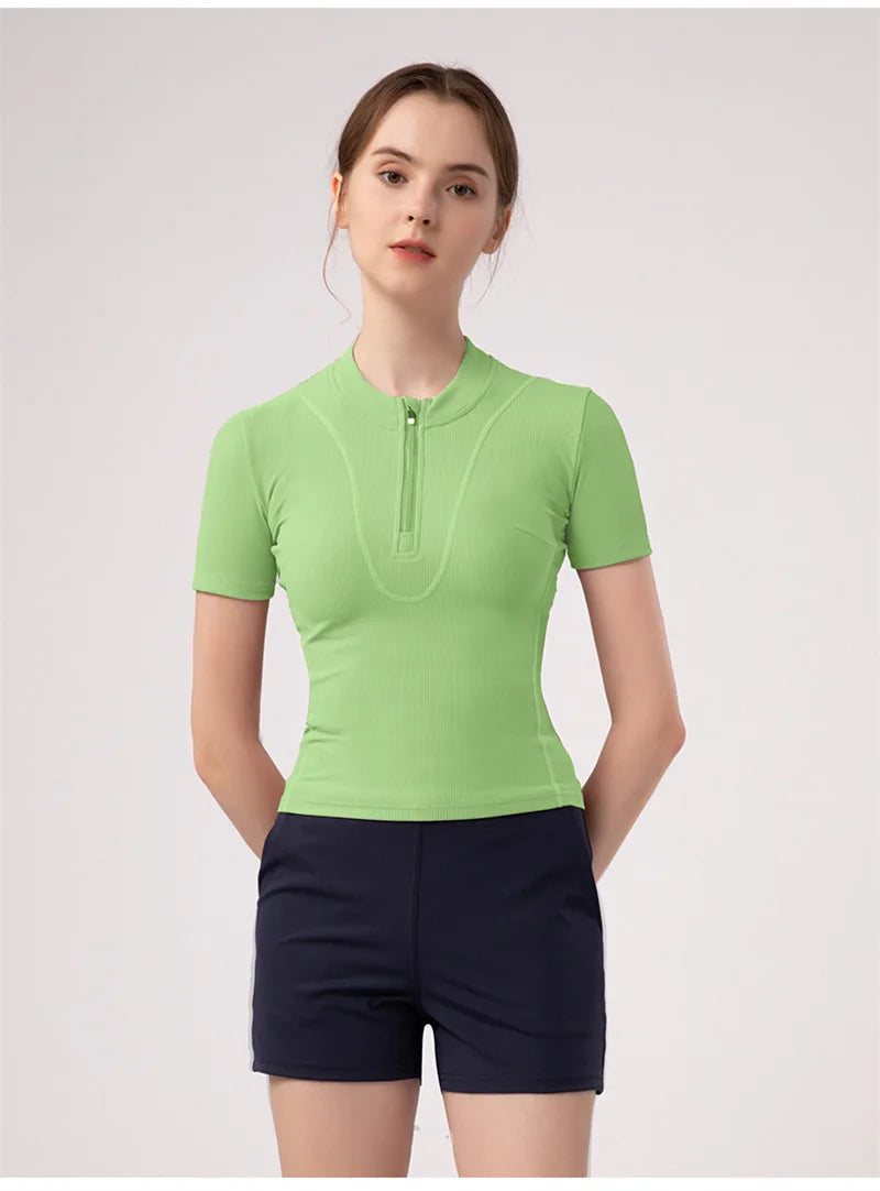 Aiithuug Women Slim Fit Gym Shirts Half Zip Workout Tops Quarter Zip Fitness Shirt Running Quicky Dry Short Sleeve Yoga Tops