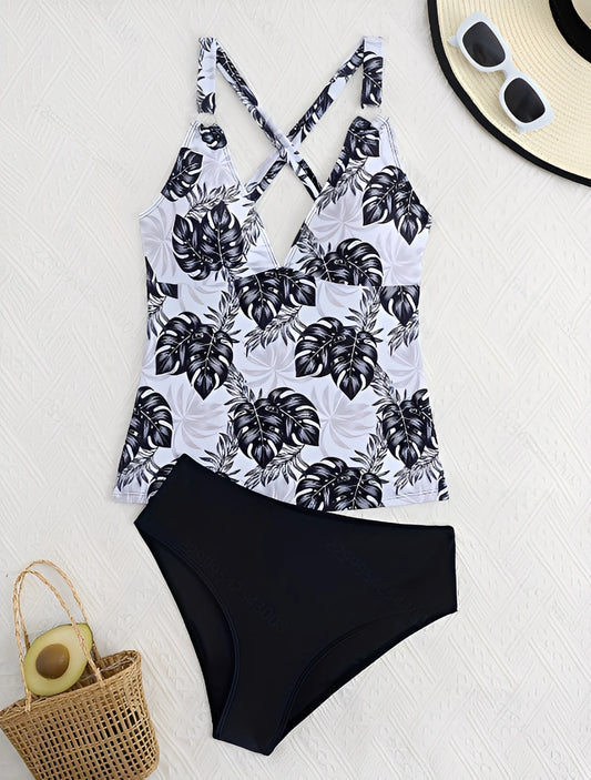 Printed Leaves Tankini Two Pieces Swimwear Female Padded Swimsuit Women Bathers Bathing Swimming Swim Suit Beachwear