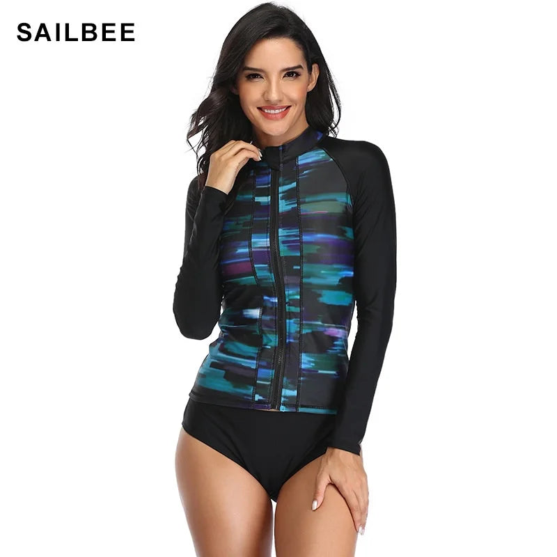 Women Long Sleeve Zipper Rash guard Shirt Swimsuit Swimwear Surfing Top Rash Guard UPF50+ Running Shirt Biking Shirt