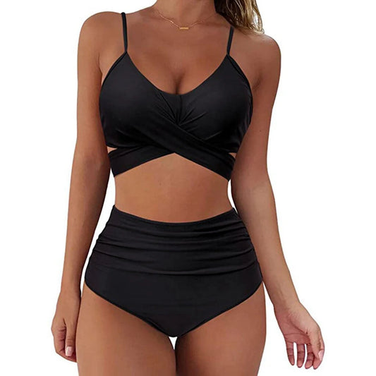 Bikini Two Piece Suit Cross Front Slim High Waisted Bottom Solid/Print Breathable Quick Drying Beachwear