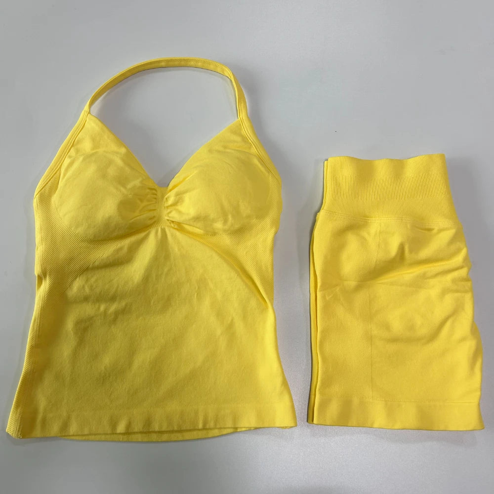 2Pcs Gym Set Women Backless Tank Tops High Waist Scrunch Seamless Shorts Gym Suit Fitness Clothes Activewear Workout Set