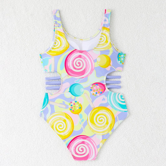 Lollipop Print Summer Kids Girls One-Piece Swimsuit Swimwear Hollow Girls Monokini Children's Swimming Wear Bathing Suit 8-12Y