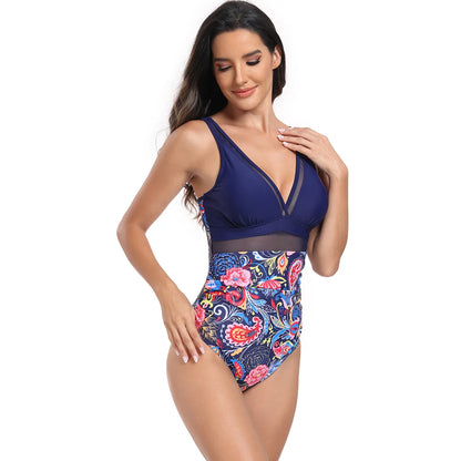Women Fashion Flower Printed One-piece Swimsuit Plus Size Deep V Swimwear Bathers