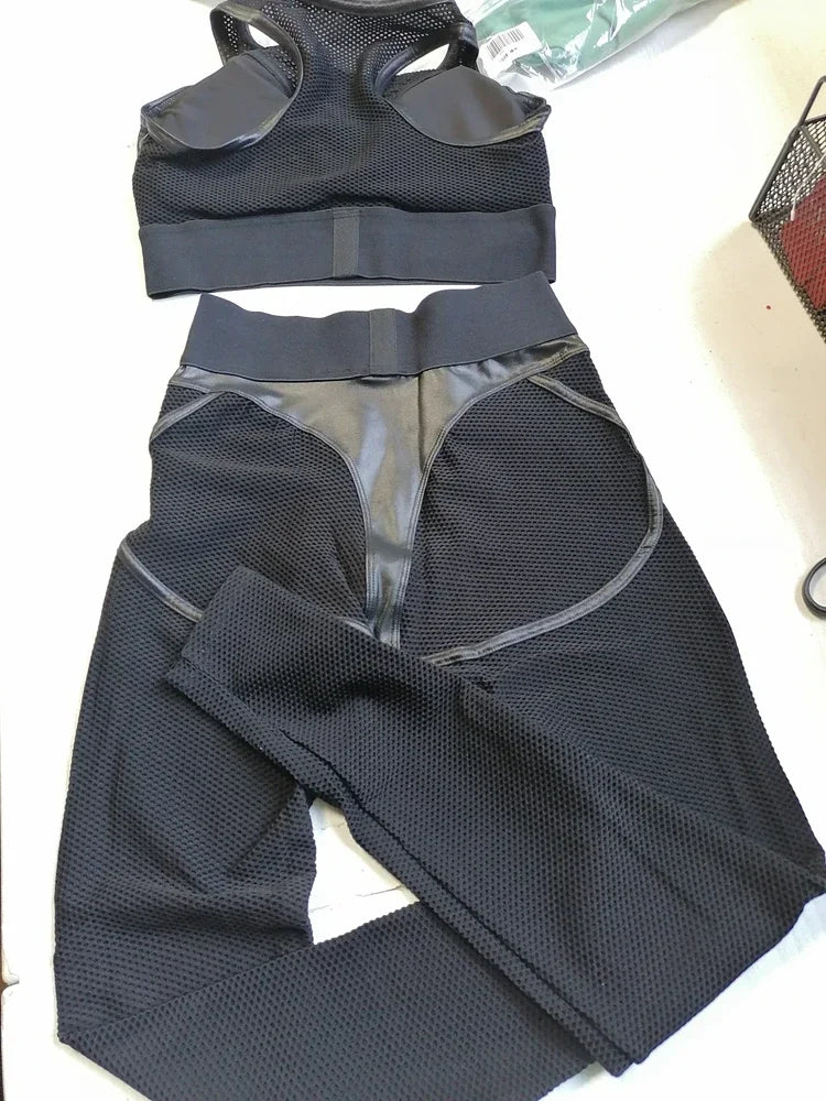 Bright Solid Colour Options Gym Set Women Mesh Suit for Fitness Sportswear 2024 Tracksuit Yoga Clothes Transparent 2 Piece Sets Women Outfit Black Pink