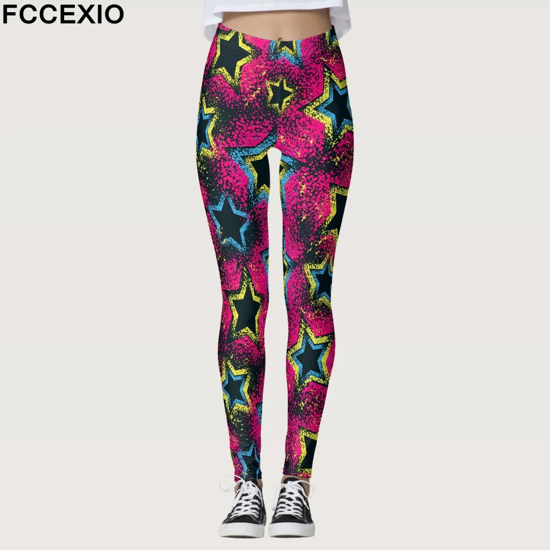 FCCEXIO Summer Geometric Graffiti Print Women's Sports Leggings High Waist Running Tight Fitness Workout Yoga Gym Pants S-3XL