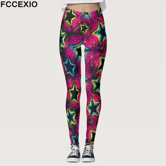 FCCEXIO Summer Geometric Graffiti Print Women's Sports Leggings High Waist Running Tight Fitness Workout Yoga Gym Pants S-3XL