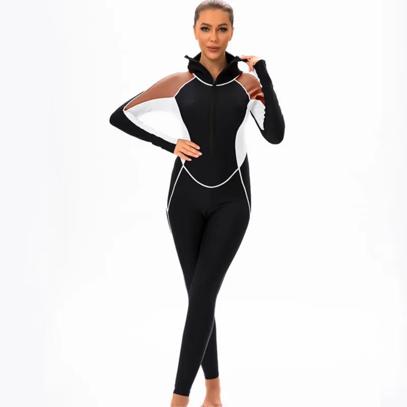Long Sleeves Swimwear Women Surfing Swimsuit Striped Bathing Suits Zipper One-piece Swim Suits Pants Push Up Beach Wear