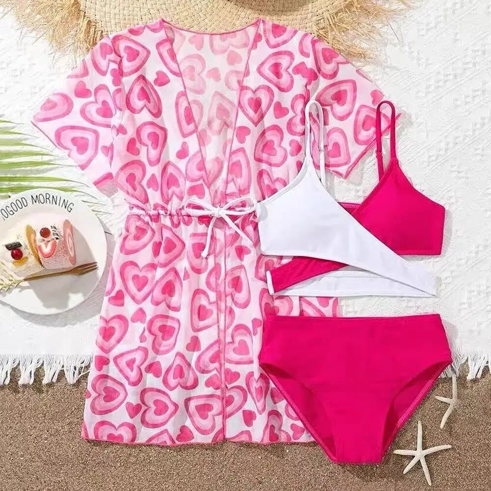 Girls 3pack Heart Print Bikini Sets with Kimono Cross Wrap Swimsuit Kids 7-12 Years Children's Swimwear 2024 Teens Bathing Suit