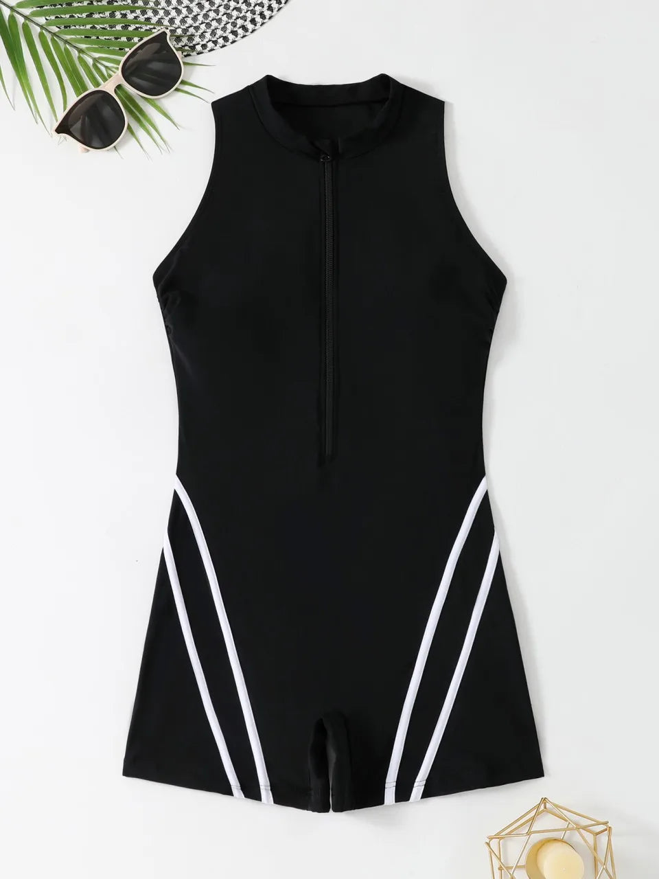 Women's Sleeveless Zip-Front Boy-Leg Swimsuit