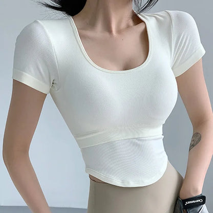 Aiithuug U Neck Yoga Bra Crop Bra Short Sleeve Ribbed Gym Crop Pilates Bras Gym Bra Workout Crops Fitness Top Running Crops