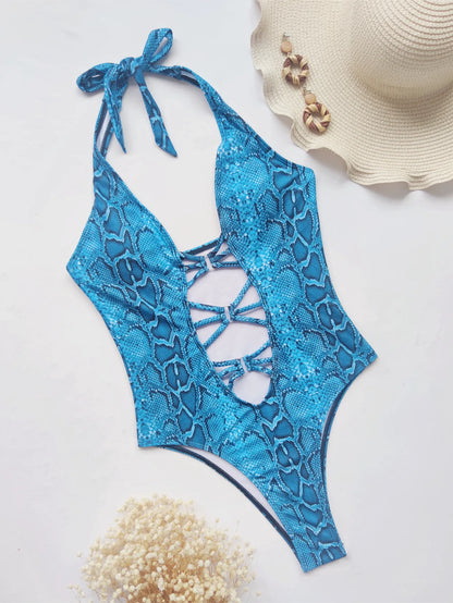 Women's Swimsuits Snake Skin Printed Monokini Women Swimwear One Piece Swimsuit Female Tummy Cut Out Bathing Suit Swim Lady