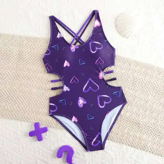 Purple Girls One Piece Swimsuit 8-12 Year Kids Swim Suit Teenagers Children's Swimwear Bathing Suits Beach Wear Bodysuit