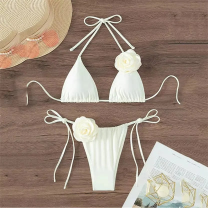 Flower Bandeau Swimwear Thong Bikini Women Lace-up Swimsuits Swimming Bathing Suit Brazilian Bikinis Set