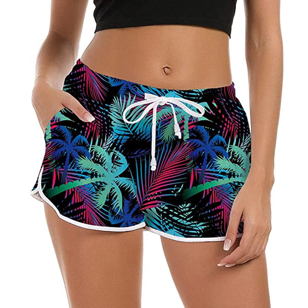 Women Summer Sports Shorts Floral Beach Boardshorts with Pockets Female Swim Trunks Female Workout Gym Clothes Fitness Sportwear