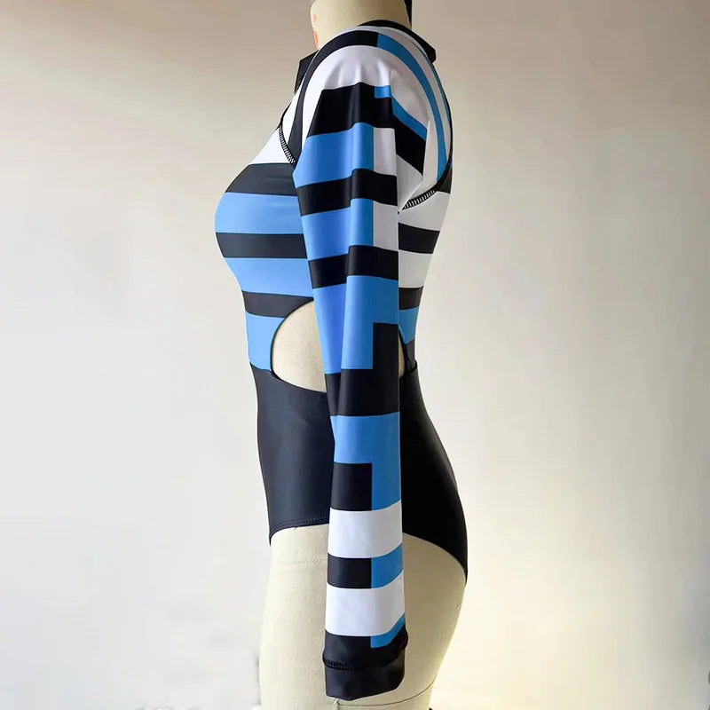 Patchwork One-Piece Swimsuit Long Sleeve Swimwear Sports Backless Women's Swimming Bathing Suit Beach Wear Bather Surfing