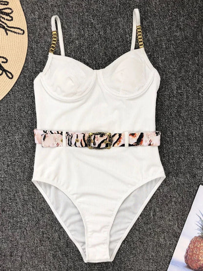 Push Up Underwire Swimwear Women Solid White Black Padded Buckle One Piece Swimsuit Beach Bathing Suit Bodysuit Monokini