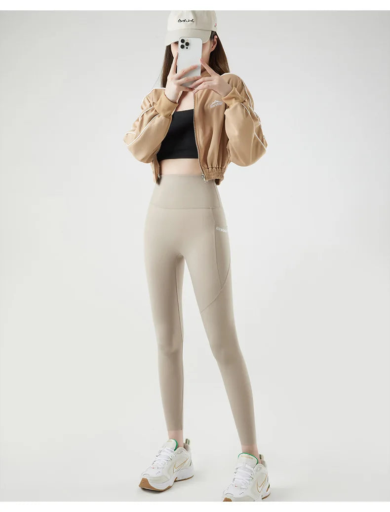 Pocket Brushed Shark Leggings Women Autumn Light Fleece Phone Leggings Slim Tight-Fit Sports Yoga Fitness Leggings