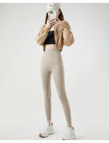 Pocket Brushed Shark Leggings Women Autumn Light Fleece Phone Leggings Slim Tight-Fit Sports Yoga Fitness Leggings