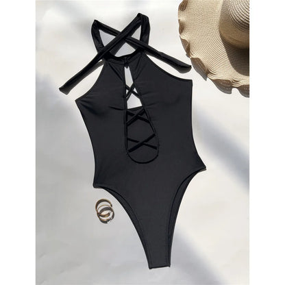 S - XL 7 Colors Lace Up High Neck Full Back Women Swimwear One Piece Swimsuit Female High Leg Cut Bather Bathing Suit Swim