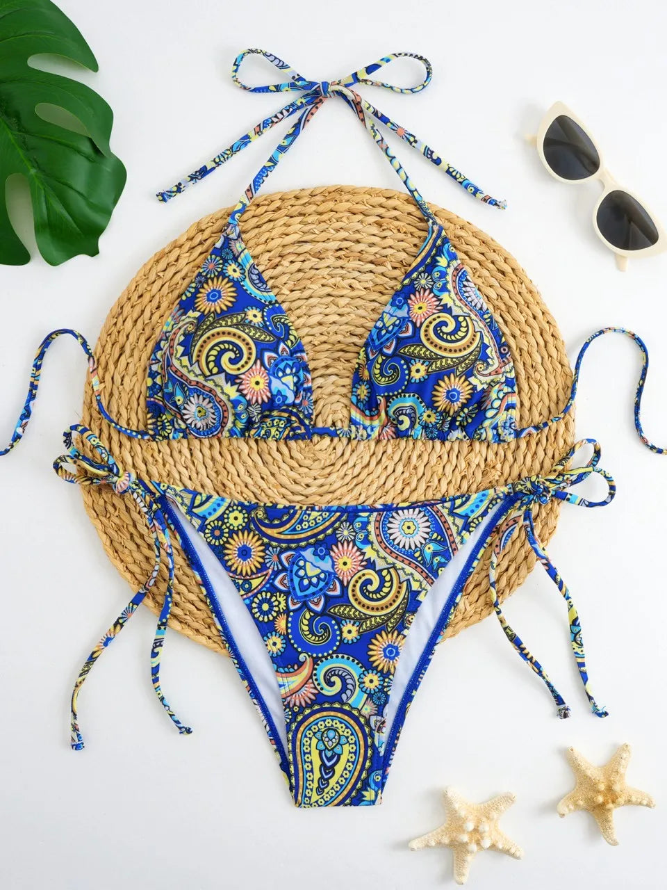 Printed Halter Bikinis Women String Triangle Swimwear Swimsuit Female Bathers Bathing Swimming Suit Padded Beachwear