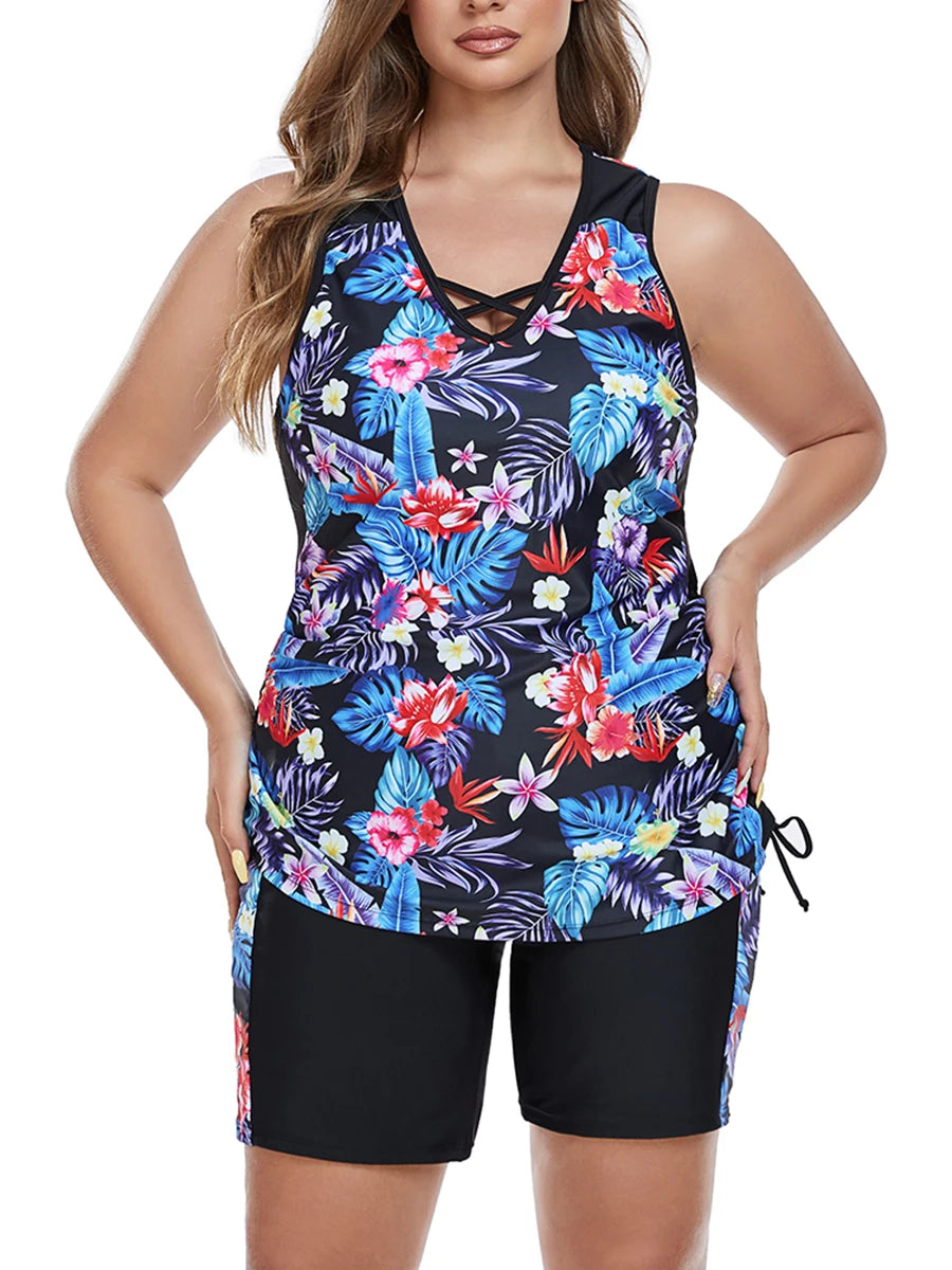 Print Large Plus Size Tankini Two Pieces Swimsuit Women High Waist Swimwear Female Bathing Swimming Swim Suit Beach Bathers