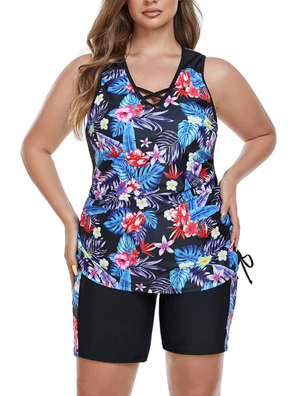Print Large Plus Size Tankini Two Pieces Swimsuit Women High Waist Swimwear Female Bathing Swimming Swim Suit Beach Bathers