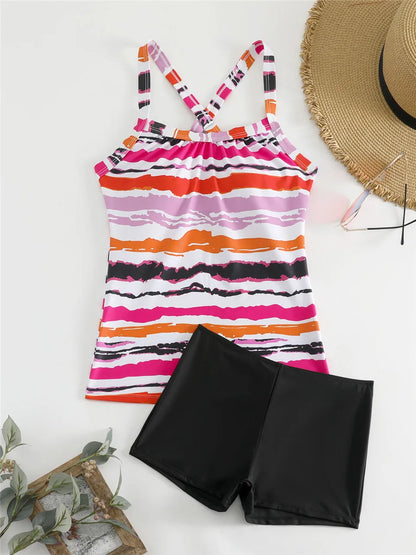Print High Waist Swimsuit Ring Link Two Piece Tankini Swimwear Female Padded Beachwear Bathers Bathing Swimming Suit