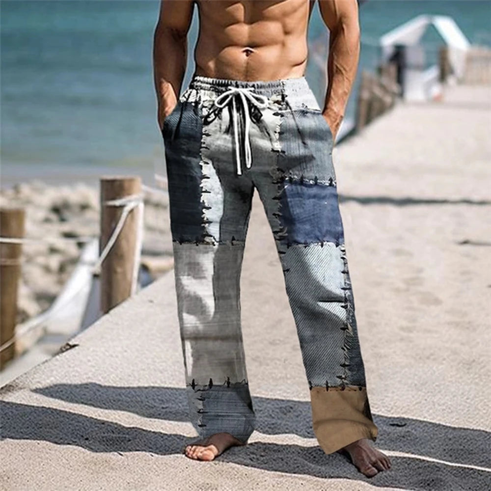 Plaid Color Block Men's Resort 3D Printed Casual Pants Trousers Elastic Waist Fit Straight-Leg Pant Summer Beach Pants 5XL