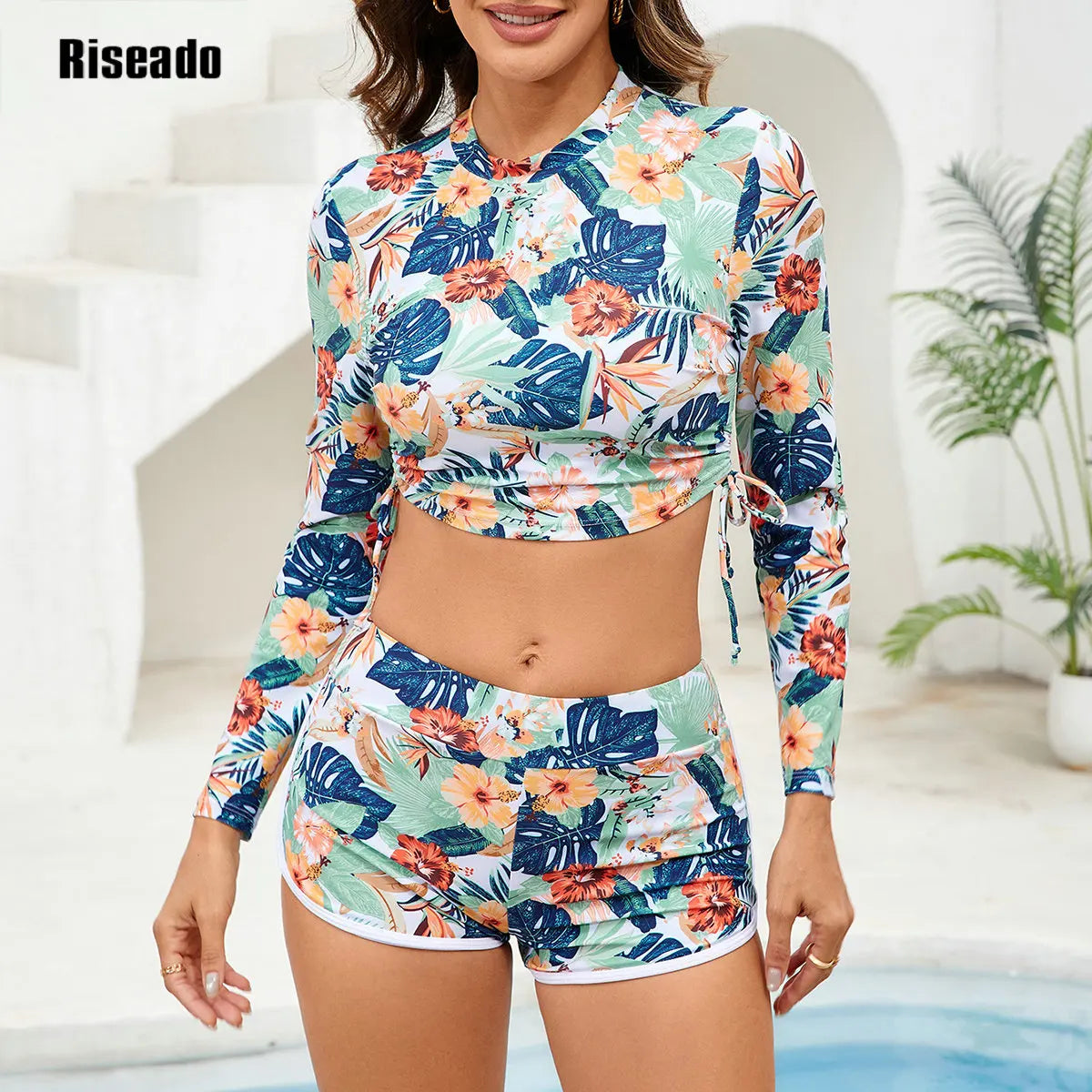Women's Fashion Pattern Long Sleeve Tankini Sets UPF 50+ Rash Guard Swimsuit Sun Block Swimwear Floral Print