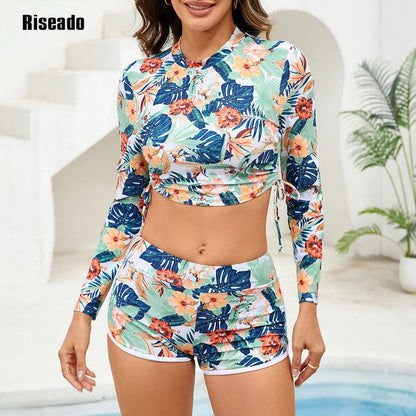 Women's Fashion Pattern Long Sleeve Tankini Sets UPF 50+ Rash Guard Swimsuit Sun Block Swimwear Floral Print