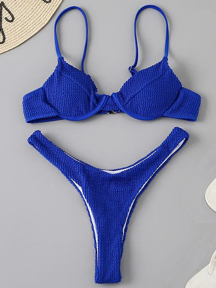 Ribbed Underwired V-Bar Thong Bikini Women Swimsuit Female Swimwear Two-pieces Bikini Set High Cut Bathing Suit Swim Beachwear