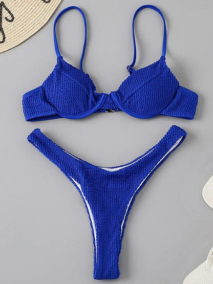 Ribbed Underwired V-Bar Thong Bikini Women Swimsuit Female Swimwear Two-pieces Bikini Set High Cut Bathing Suit Swim Beachwear