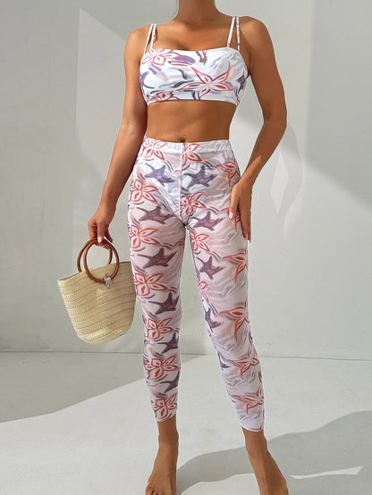 Strappy Padded Bikinis & Trousers Swimsuit Women Printed 3 Pieces Swimwear Female Bathers Bathing Swimming Swim Suit