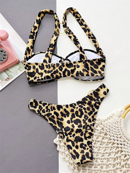 Leopard Print Bikini Set with Ring Thong Swimsuit Halter Women Swimwear Hollow Out Two-pieces Bathing Suit