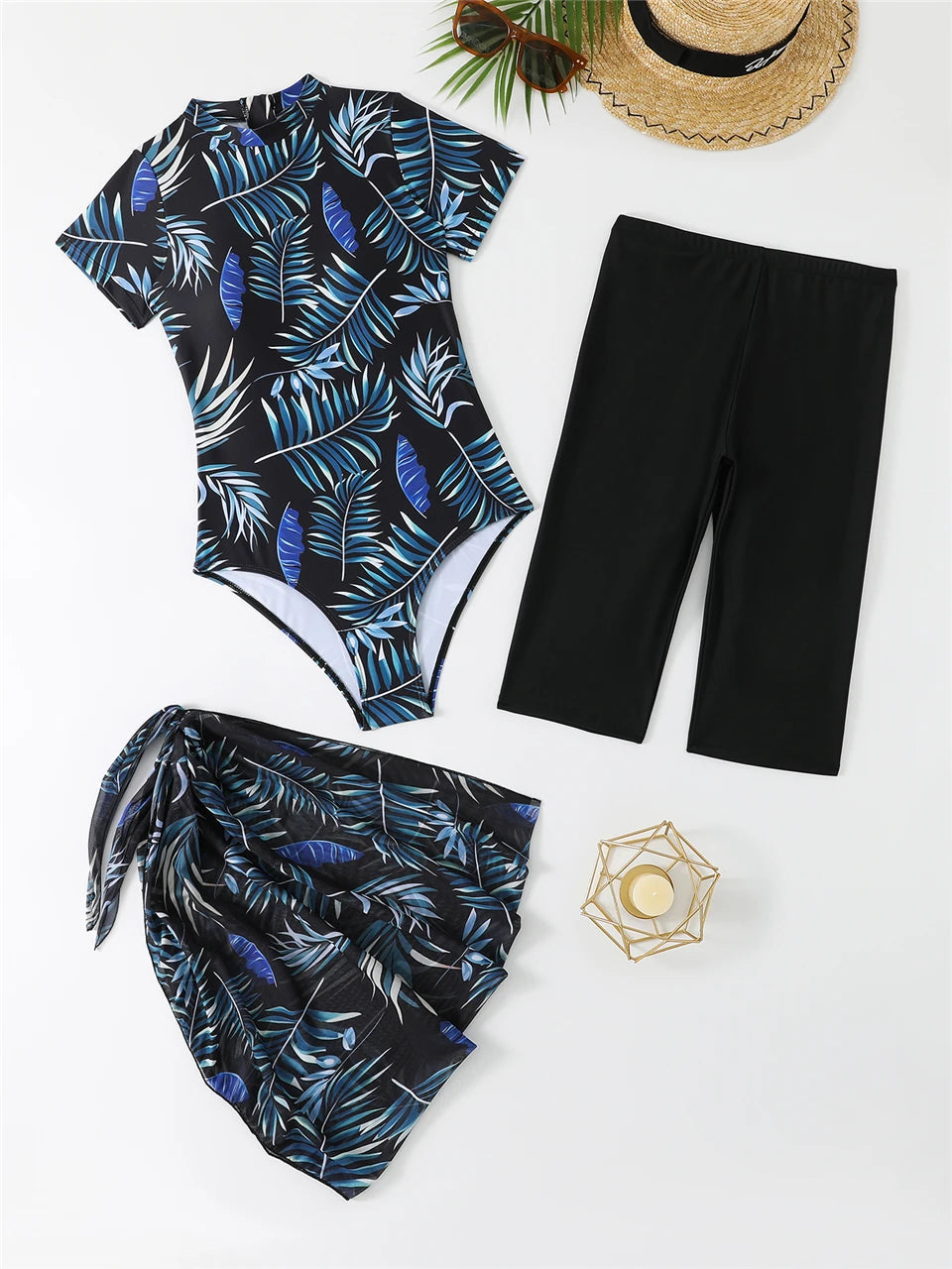 Summer Three Pieces Print Bodysuit Swimwear With Short Pants & Cover Up Beach Skirt Female Bathing Suits Pool Swimming Swimwear