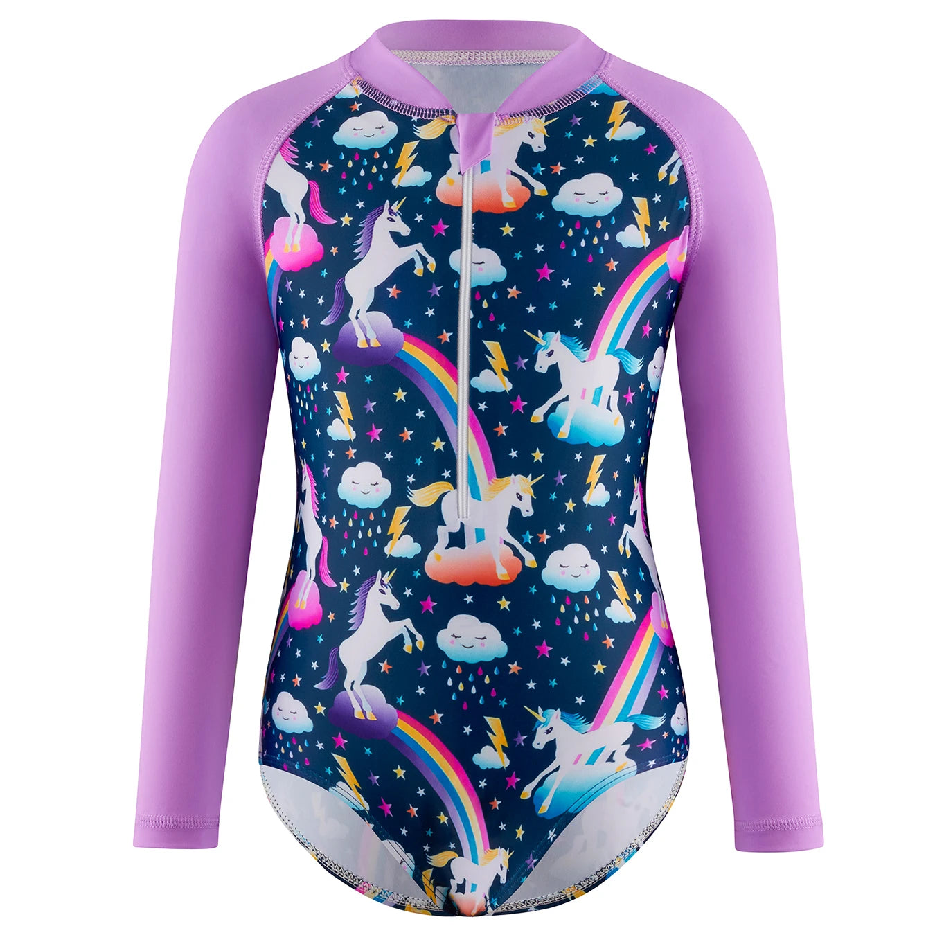 Girls Swimsuit One-Piece Cartoon Horse Weather Icons Print Bikini-Cut Swimwear Long Sleeve Color Blocking Beach Swim Rash Guard