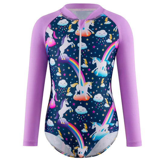 Girls Swimsuit One-Piece Cartoon Horse Weather Icons Print Bikini-Cut Swimwear Long Sleeve Color Blocking Beach Swim Rash Guard