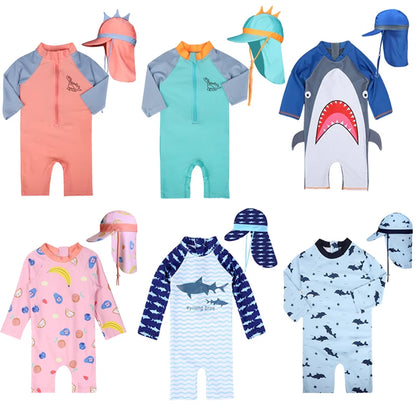 Baby Swimsuit One-Piece Bathing Suit Boy with Sun Cap UPF50 UV Protection Long Sleeve Dinosaur Children's Swimwear for Toddler